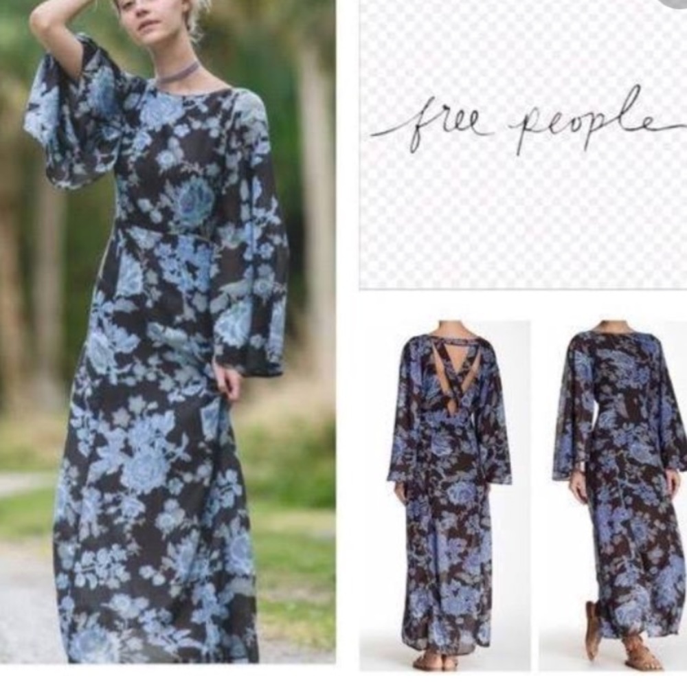 Free People Black Maxi Dress with Blue Floral Print